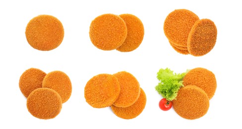 Set with tasty breaded cutlets on white background, top view