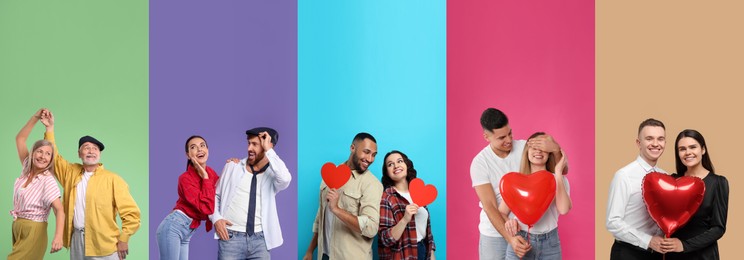 Romantic date. Different lovely couples on color backgrounds, set of photos