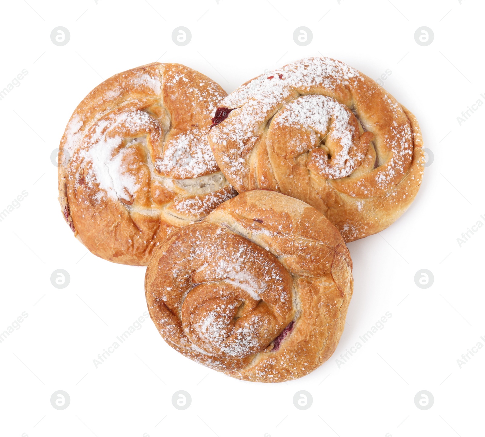 Photo of Delicious rolls with jam and powdered sugar isolated on white, top view. Sweet buns