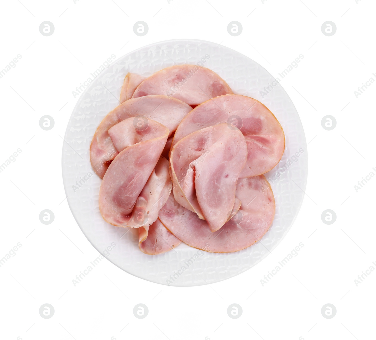 Photo of Slices of tasty ham isolated on white, top view