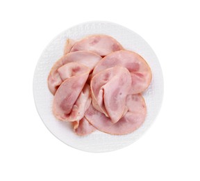 Slices of tasty ham isolated on white, top view