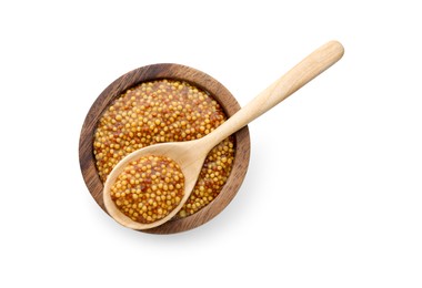 Photo of Fresh whole grain mustard in bowl and spoon isolated on white, top view