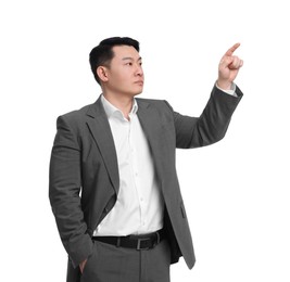 Businessman in suit posing on white background