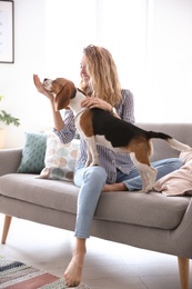 Young woman with her dog on sofa at home