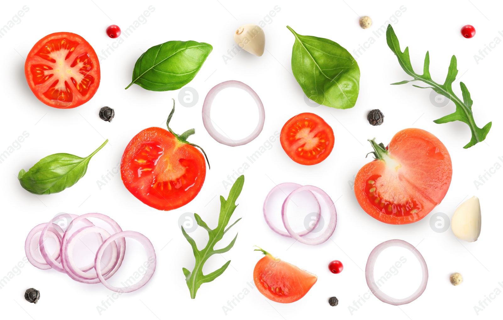 Image of Fresh ripe tomatoes with garlic, onion, basil, arugula and peppercorns on white background, top view