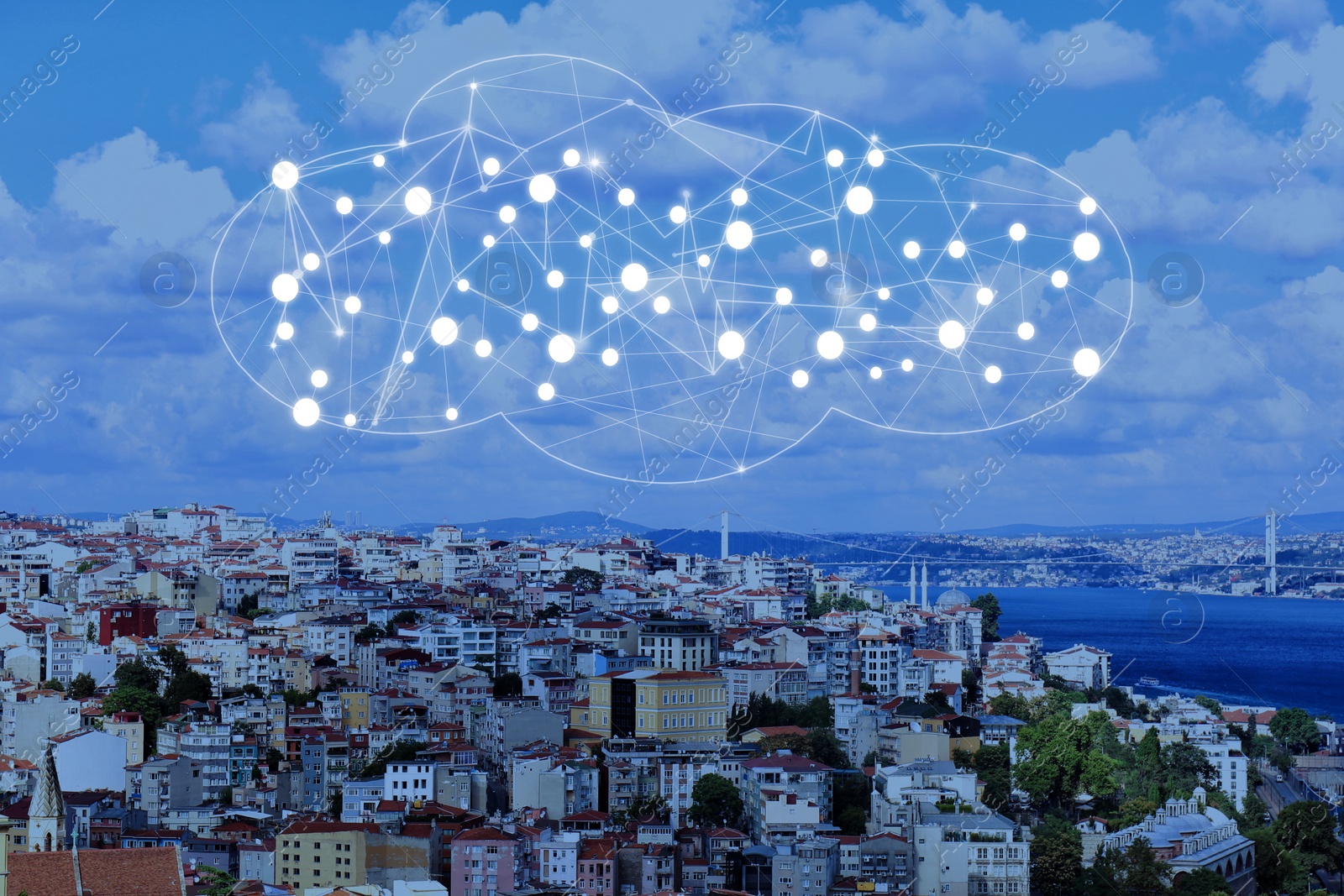 Image of Beautiful cityscape and network connection lines. Cloud technology