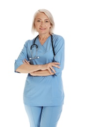 Photo of Portrait of female doctor in scrubs isolated on white. Medical staff