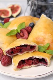 Photo of Plate of delicious samosas, berries and mint leaves on white table, closeup