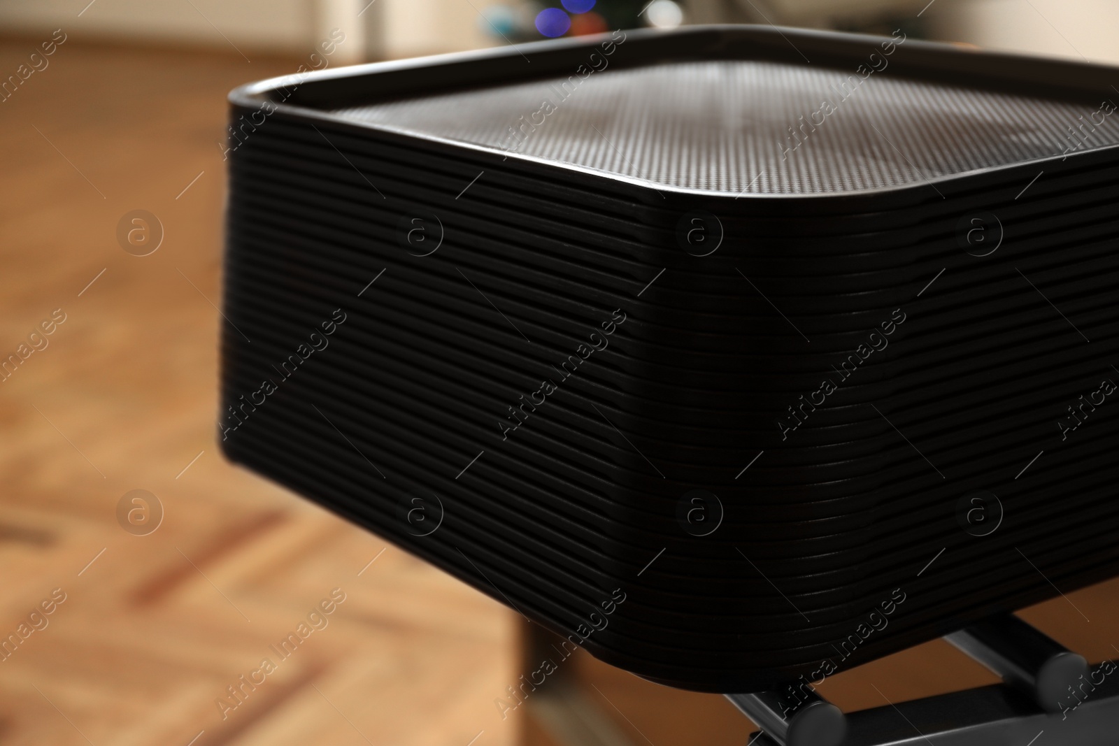 Photo of Stack of plastic trays for food in school canteen