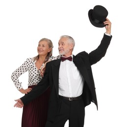 Senior couple dancing together on white background