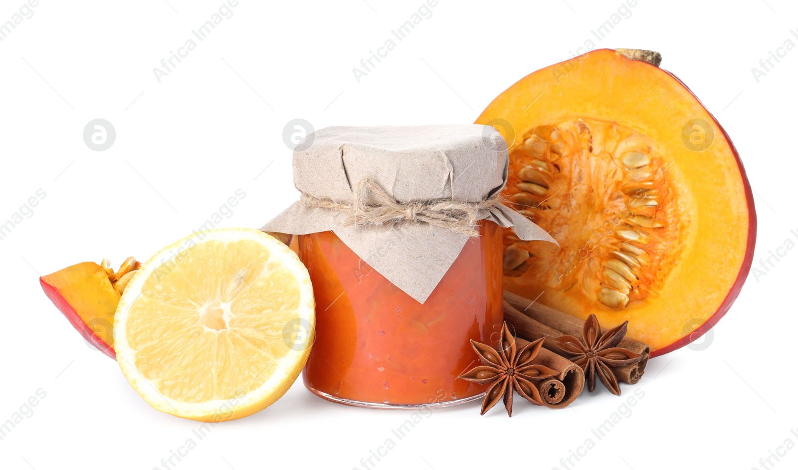 Photo of Jar of pumpkin jam and ingredients on white background