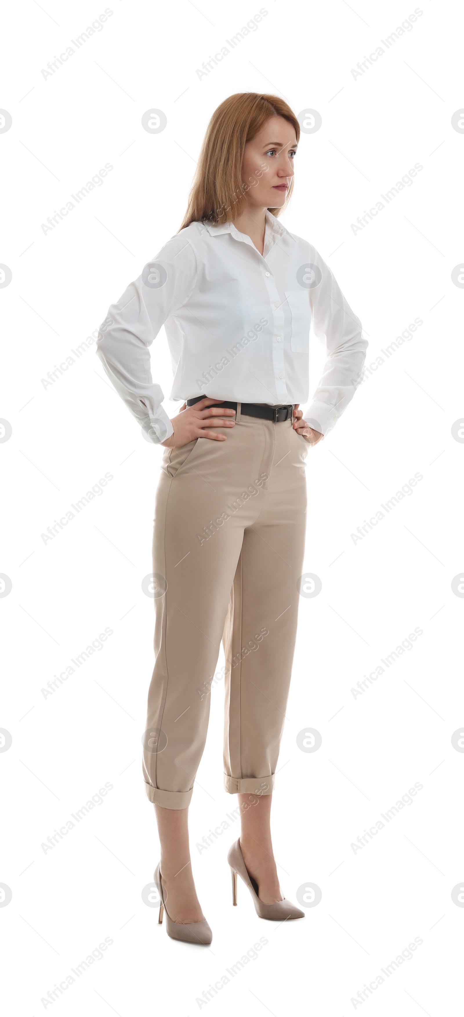 Photo of Full length portrait of young woman on white background