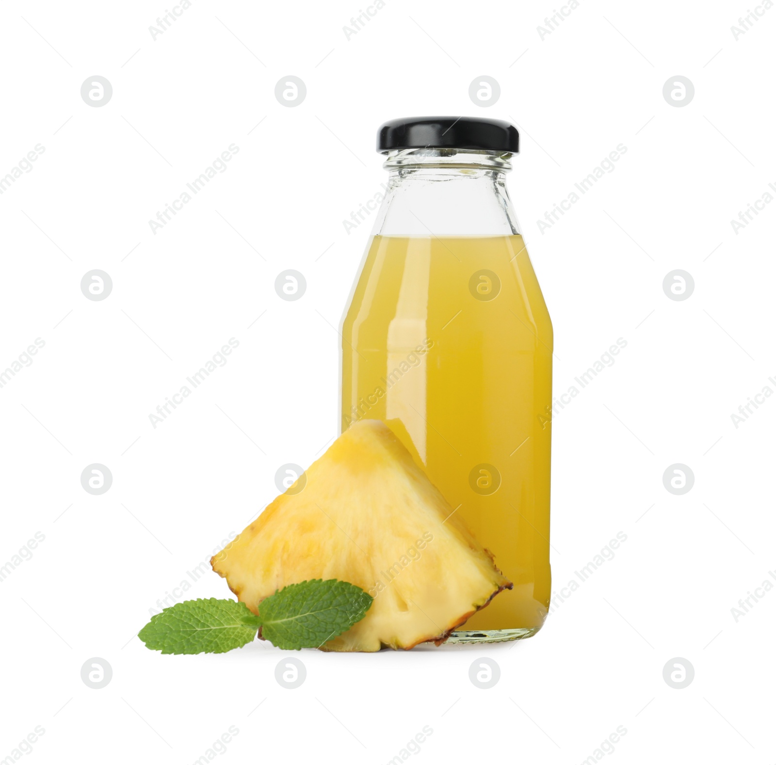 Photo of Delicious fresh pineapple juice with mint isolated on white