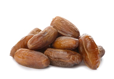 Photo of Sweet dates on white background. Dried fruit as healthy snack