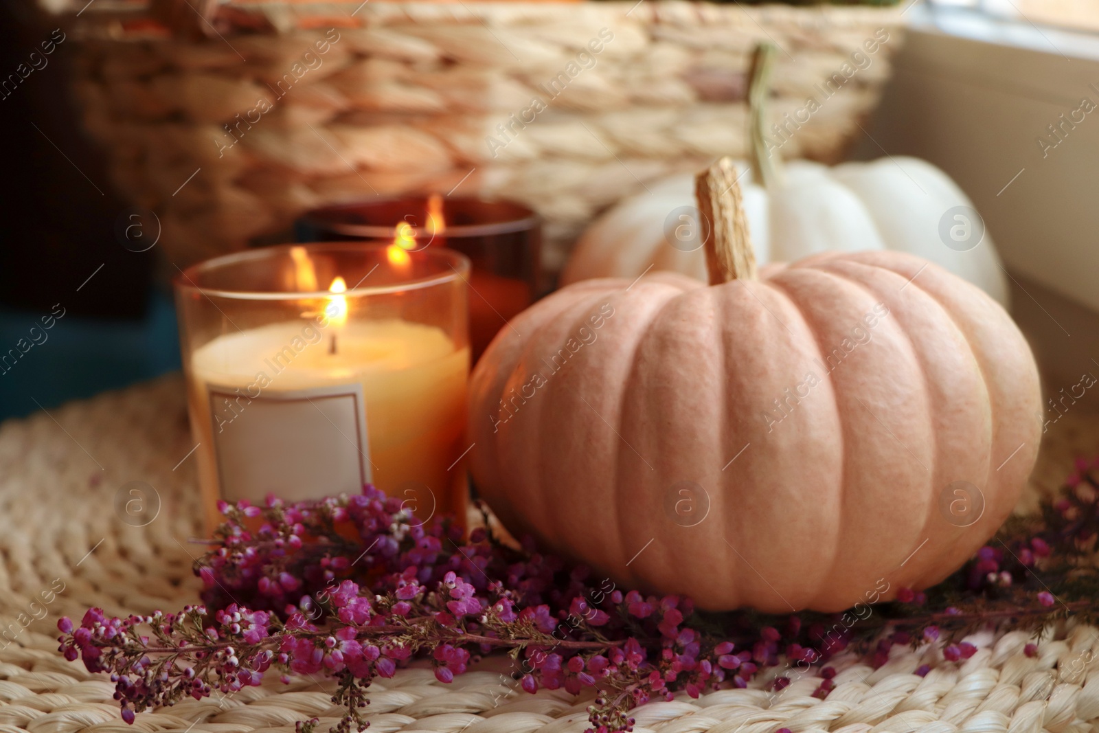 Photo of Wicker basket with beautiful heather flowers, pumpkins and burning candles near window indoors, closeup