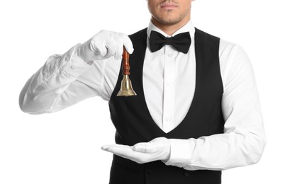 Photo of Butler holding hand bell on white background, closeup