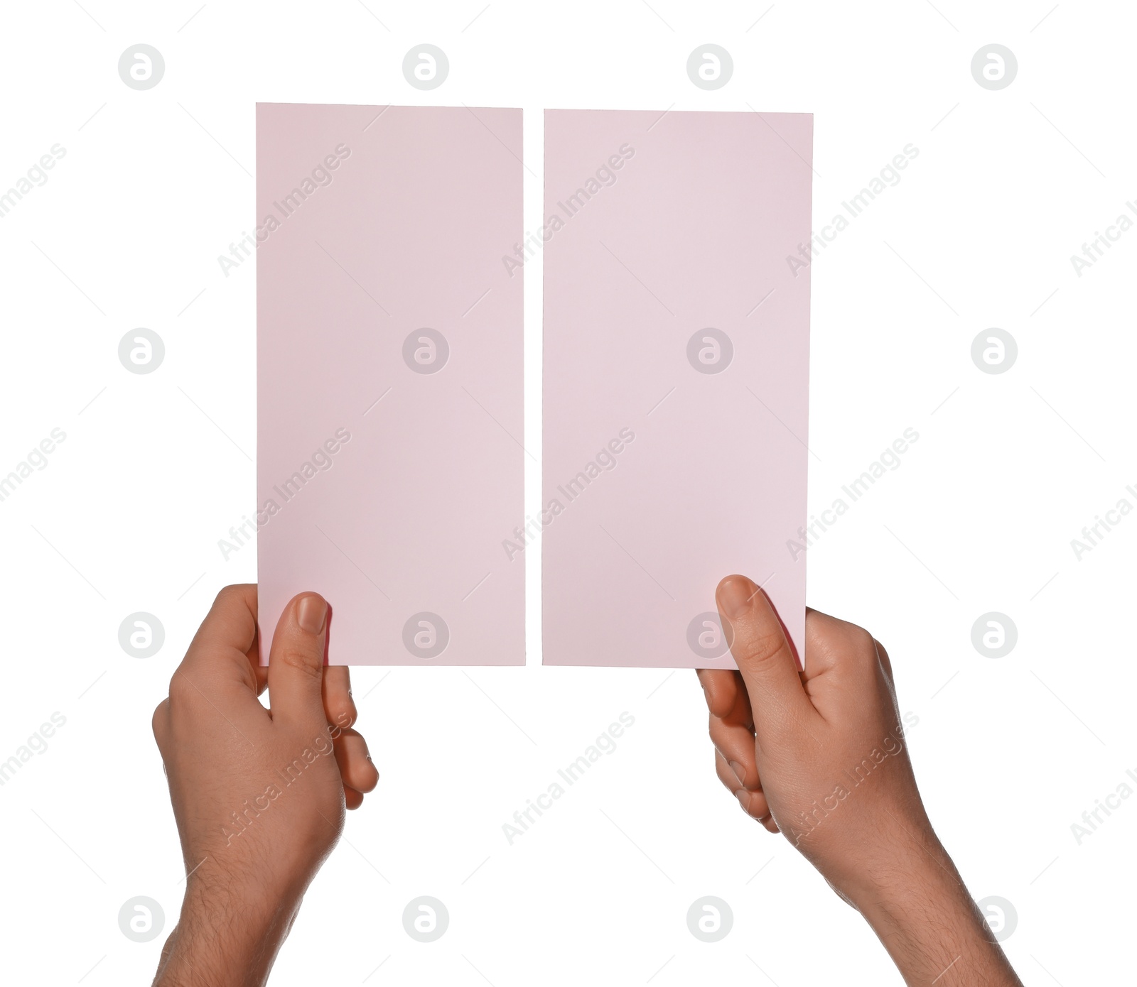 Photo of Man holding flyers on white background, closeup and space for text. Color tone effect