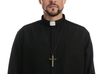 Priest with cross on white background, closeup