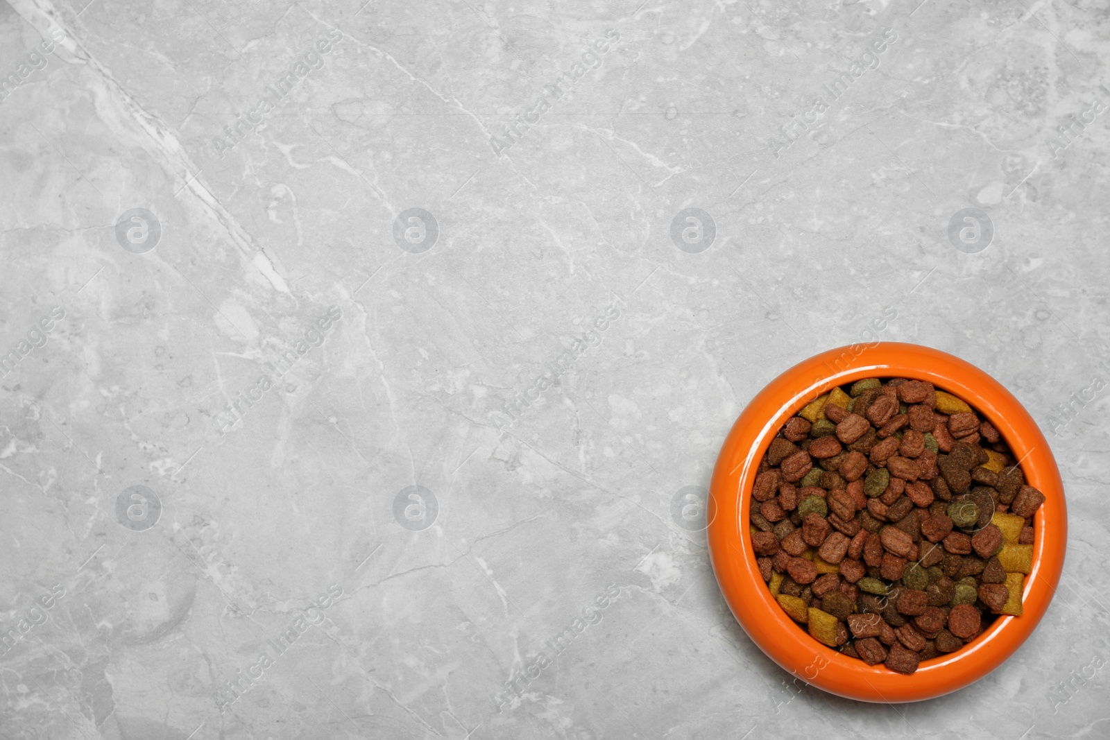 Photo of Pet bowl with dry food on light grey background, top view. Space for text