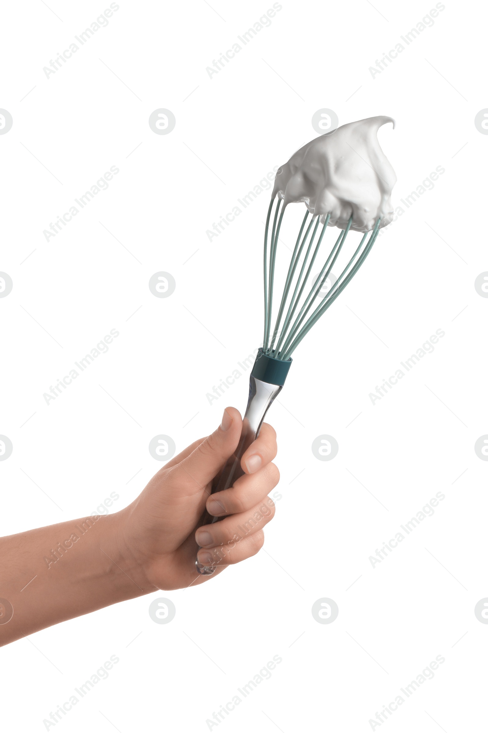 Photo of Woman holding whisk with whipped cream on white background, closeup