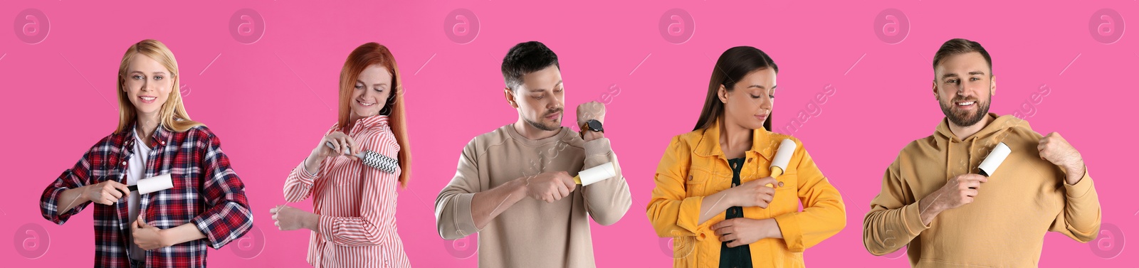 Image of People cleaning clothes with lint rollers on pink background, collage. Banner design