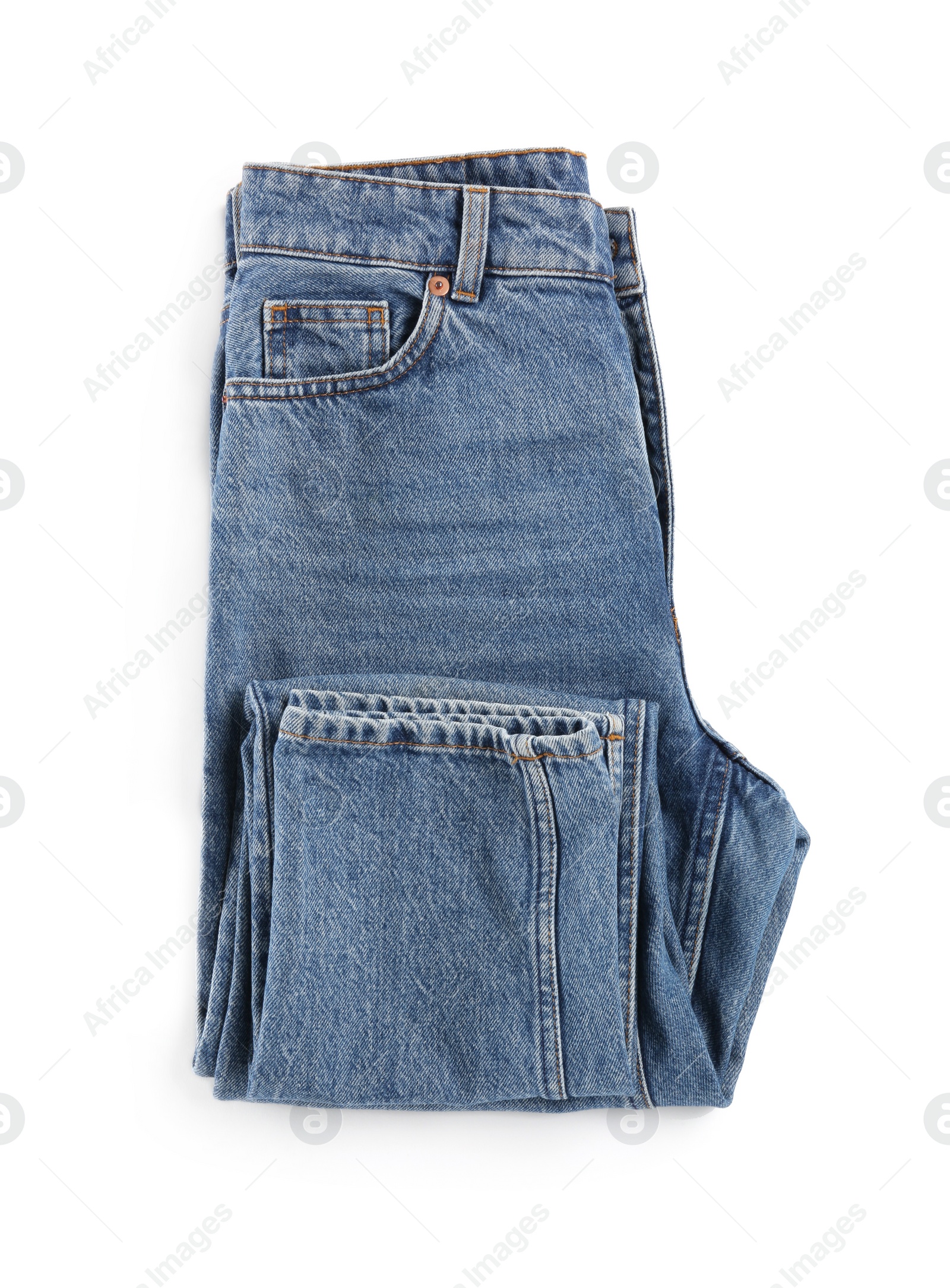 Photo of Blue jeans isolated on white, top view. Stylish clothes