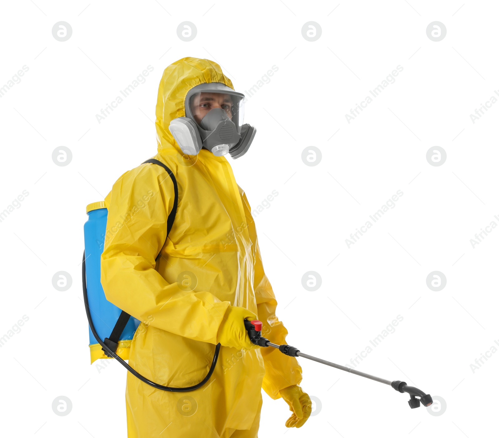 Photo of Man wearing protective suit with insecticide sprayer on white background. Pest control