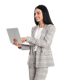 Photo of Beautiful young businesswoman with laptop on white background