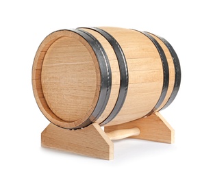 Photo of Wooden keg on white background. Wine making