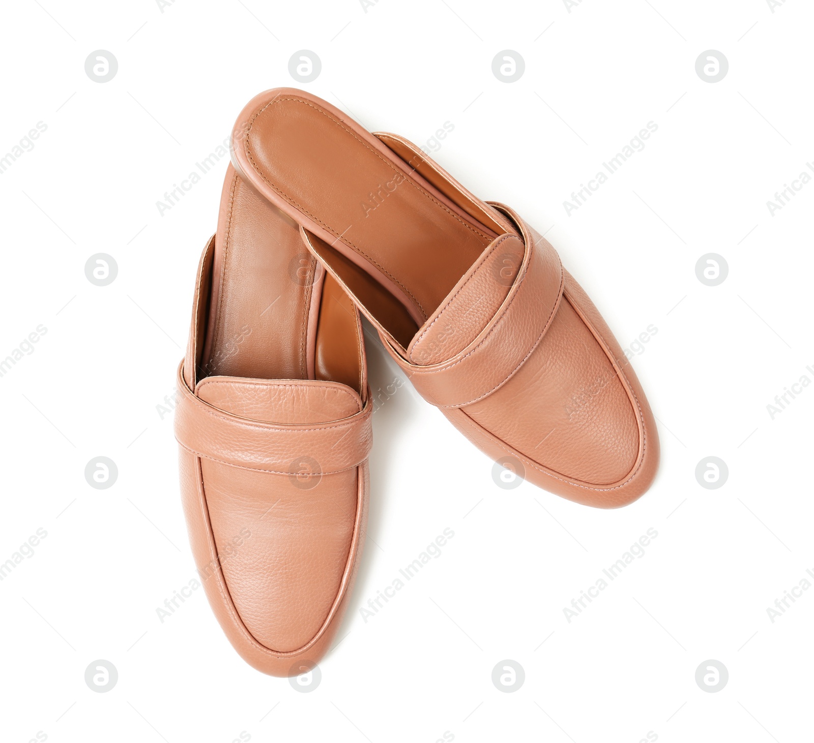 Photo of Pair of female shoes on white background, top view