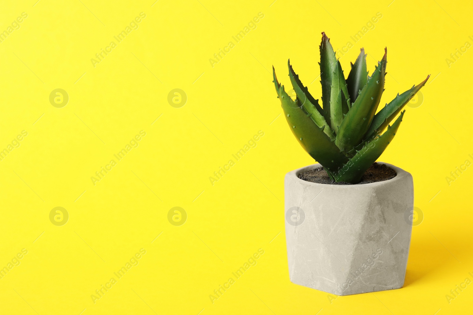 Photo of Beautiful artificial plant in flower pot on yellow background, space for text