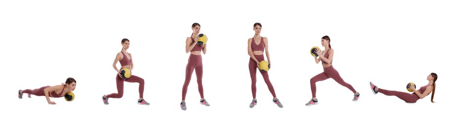 Athletic woman doing different exercises with medicine ball on white background, collage. Banner design