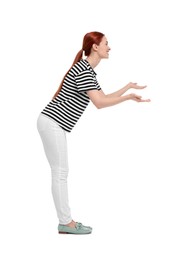 Portrait of happy woman on white background