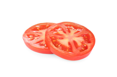 Photo of Slices of tasty raw tomato isolated on white