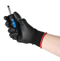 Woman holding small screwdriver on white background, closeup