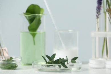 Herbal cosmetic products, laboratory glassware and ingredients on white table