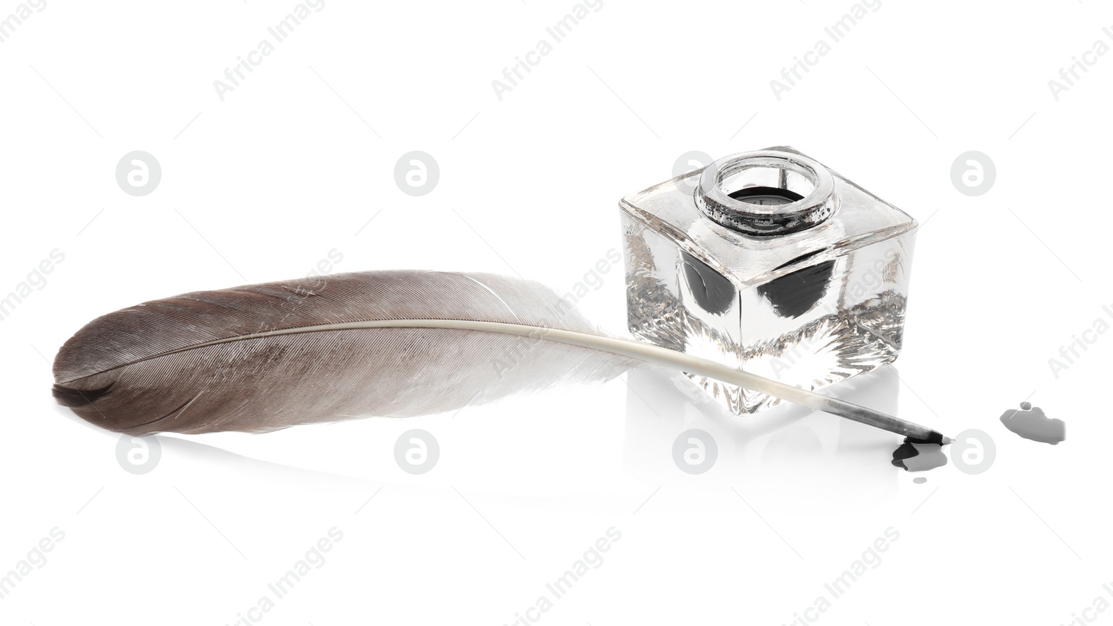 Photo of Feather pen and inkwell on white background