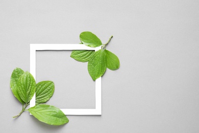 Photo of Flat lay composition with green leaves on color background. Space for text