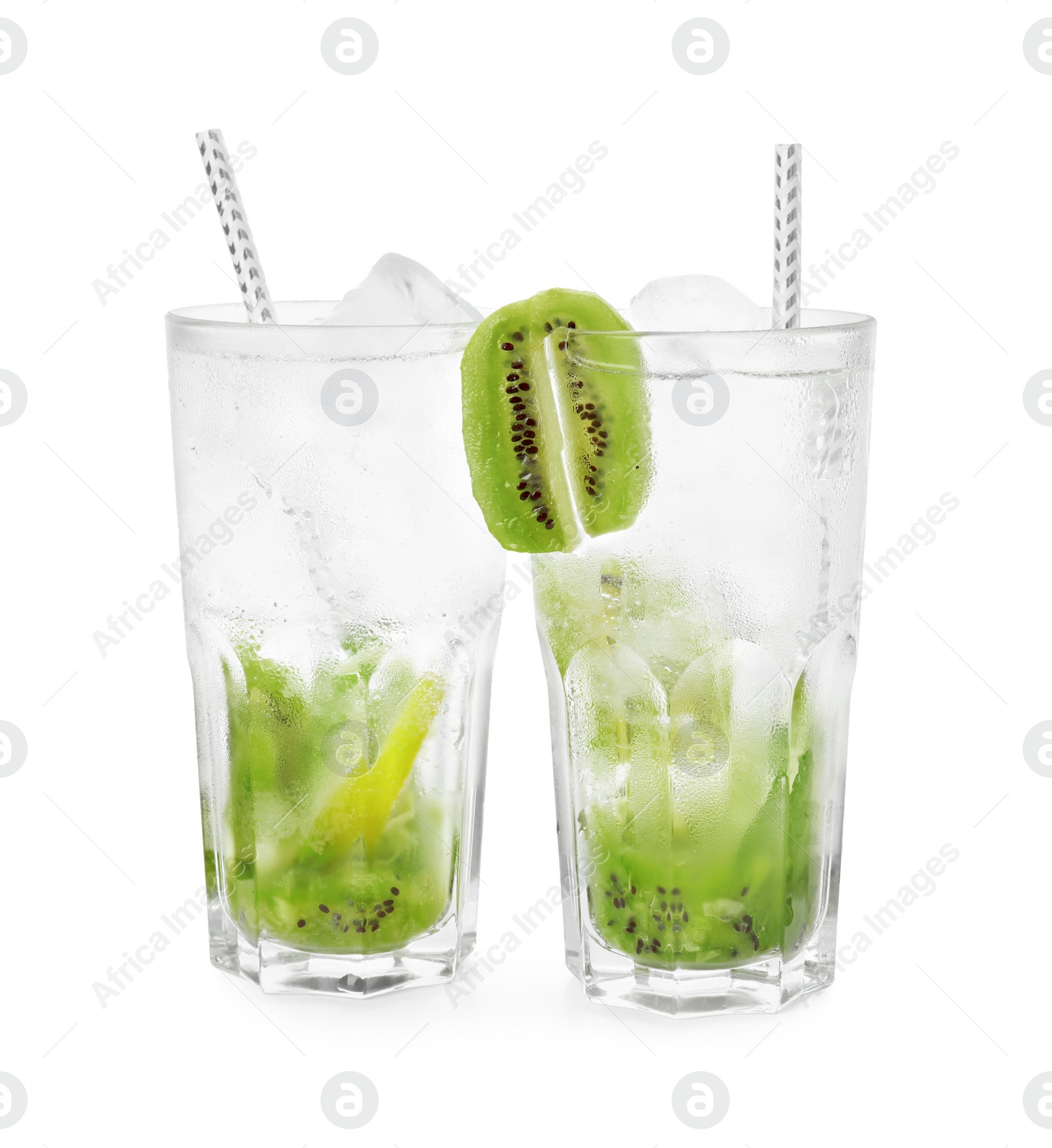 Photo of Glasses of refreshing drink with kiwi isolated on white