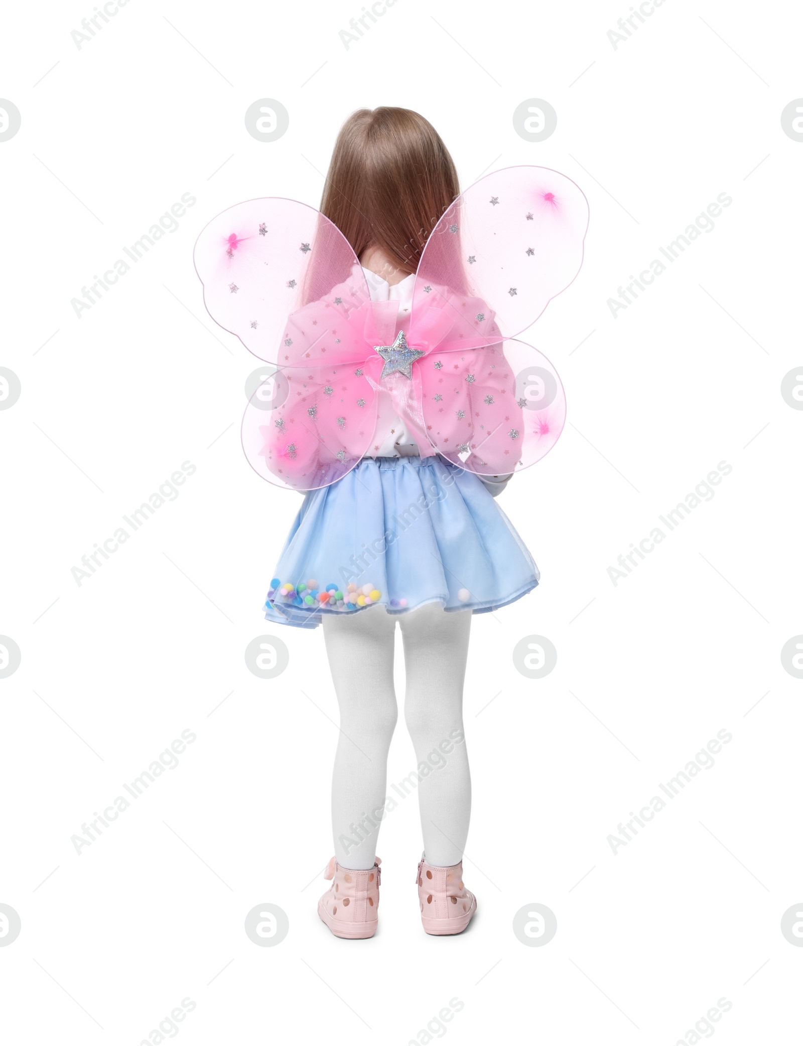 Photo of Little girl in fairy costume with pink wings on white background, back view