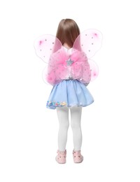 Photo of Little girl in fairy costume with pink wings on white background, back view