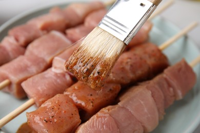 Photo of Spreading marinade onto raw meat with basting brush on light table, closeup