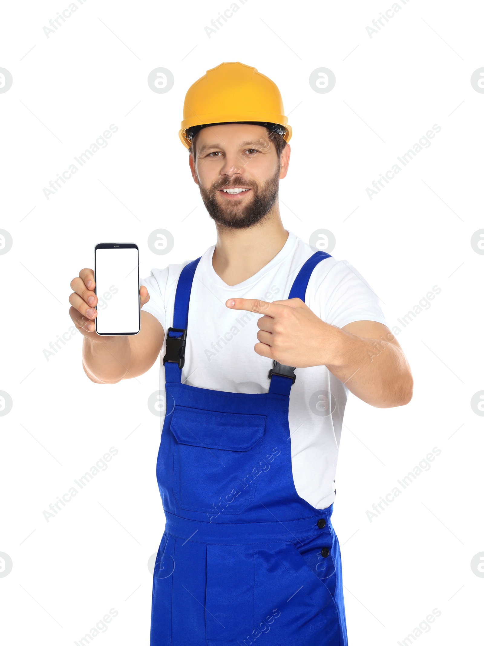 Photo of Professional repairman in uniform showing smartphone on white background