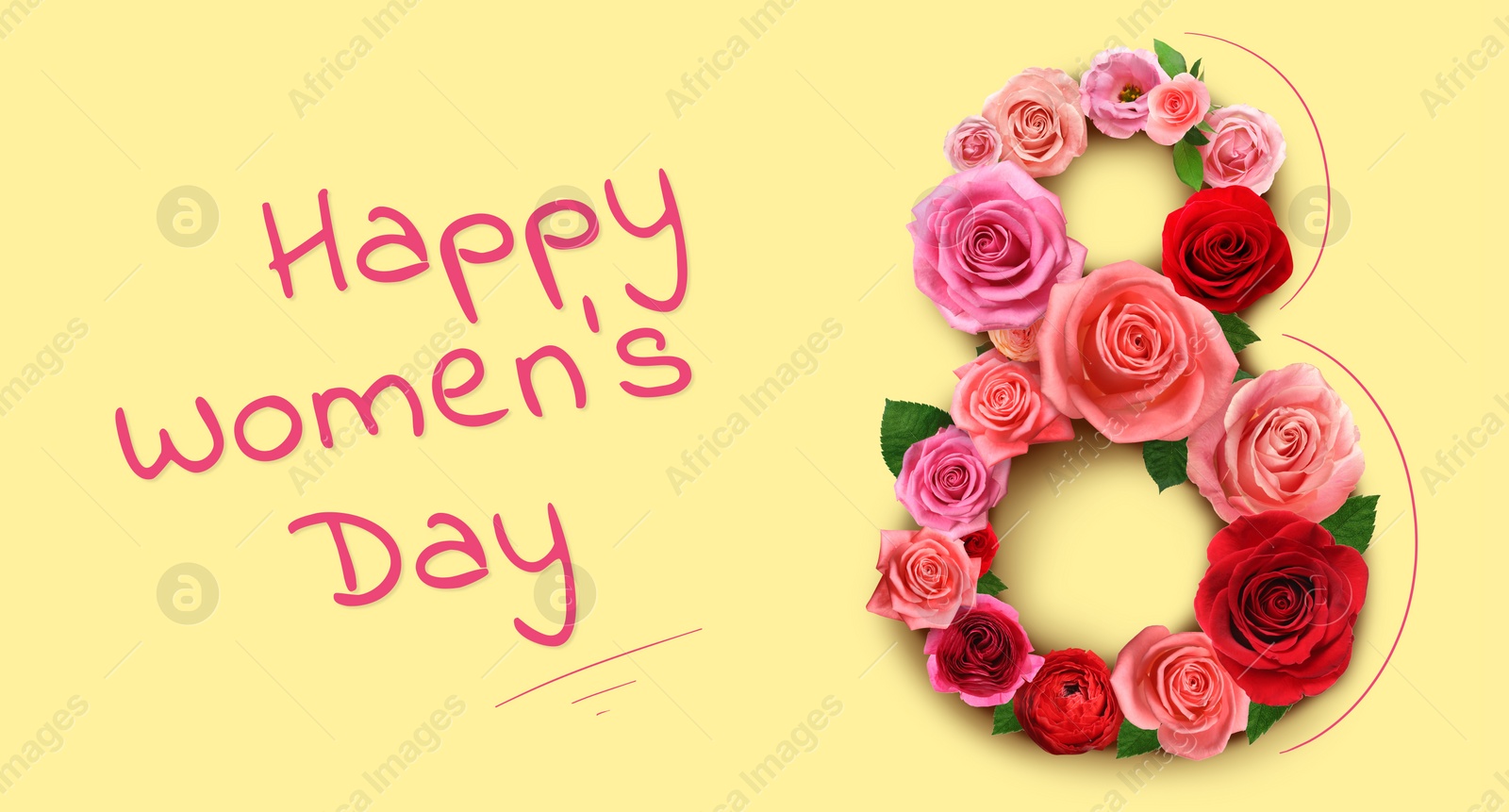 Image of Happy Women's Day greeting card design with number 8 of beautiful flowers on light yellow background