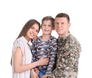 Photo of Male soldier with his family on white background. Military service
