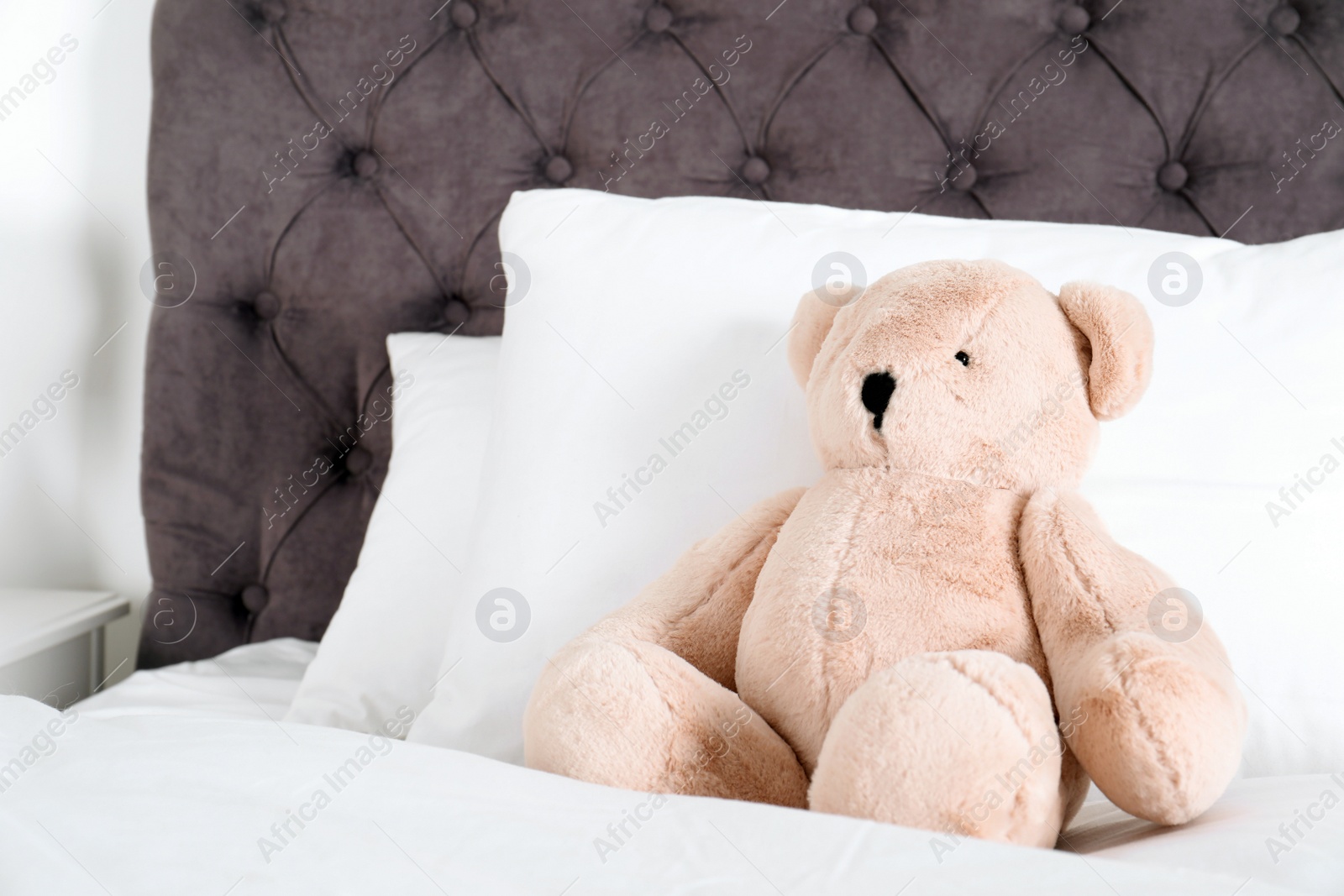 Photo of Cute teddy bear sitting on bed indoors. Space for text