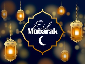 Illustration of Eid Mubarak greeting card with illustrations of lit Muslim lanterns on dark blue background