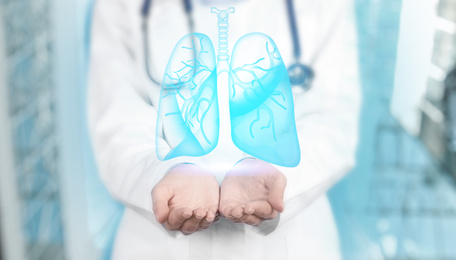 Image of Pulmonology treating respiratory diseases - bronchitis, tuberculosis, asthma, emphysema, pneumonia and chest infection. Physician with lungs illustration, banner design