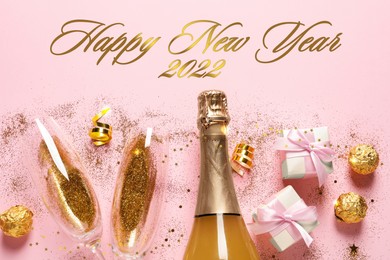Image of Happy New 2022 Year! Flat lay composition with bottle of sparkling wine on pink background