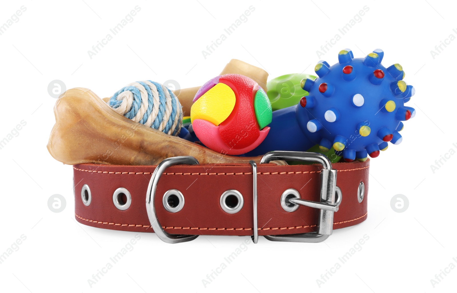 Photo of Pet toys, dog treat and collar isolated on white